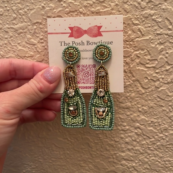 Mint Green Seed Beaded Champagne Bottle Statement Drop Earrings - Picture 11 of 11